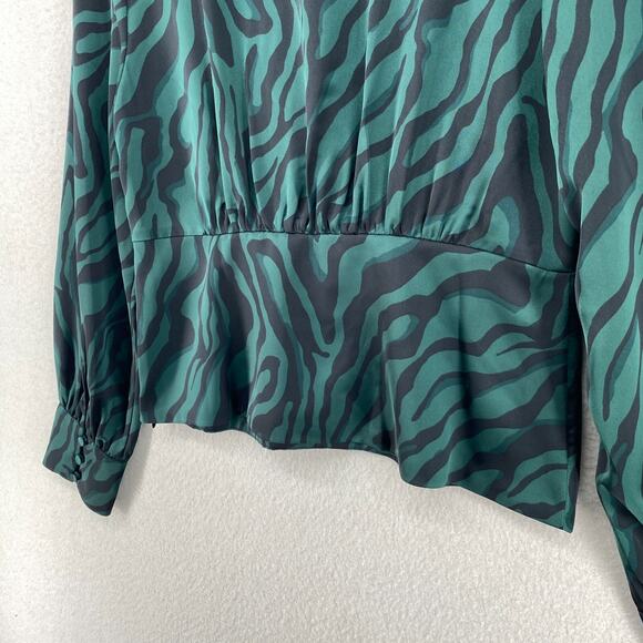 J.CREW Blouse 4 Deep V-Neck Zebra Striped Satin Button Front Long Sleeve Green - Picture 9 of 13